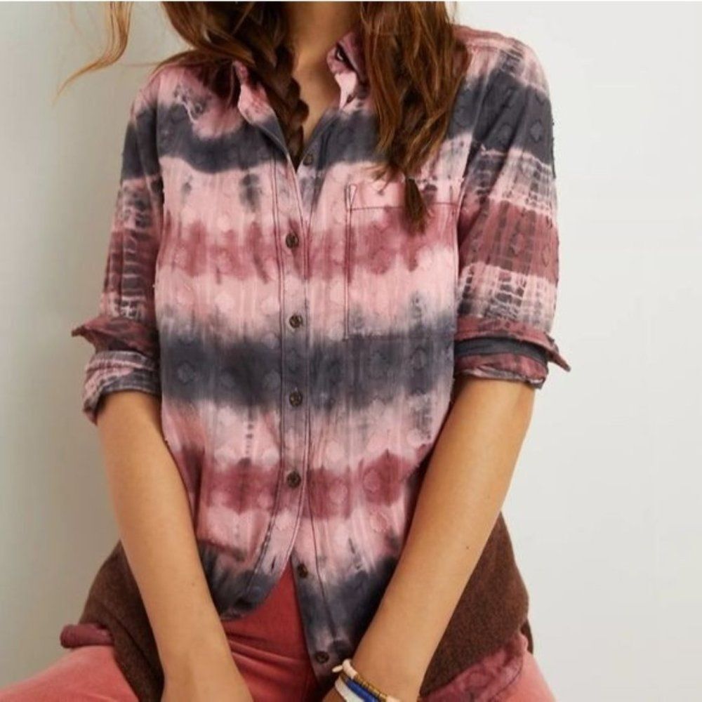 Pilcro Anthro Janesse Tie-Dyed Button Front Long Sleeve Casual Blouse